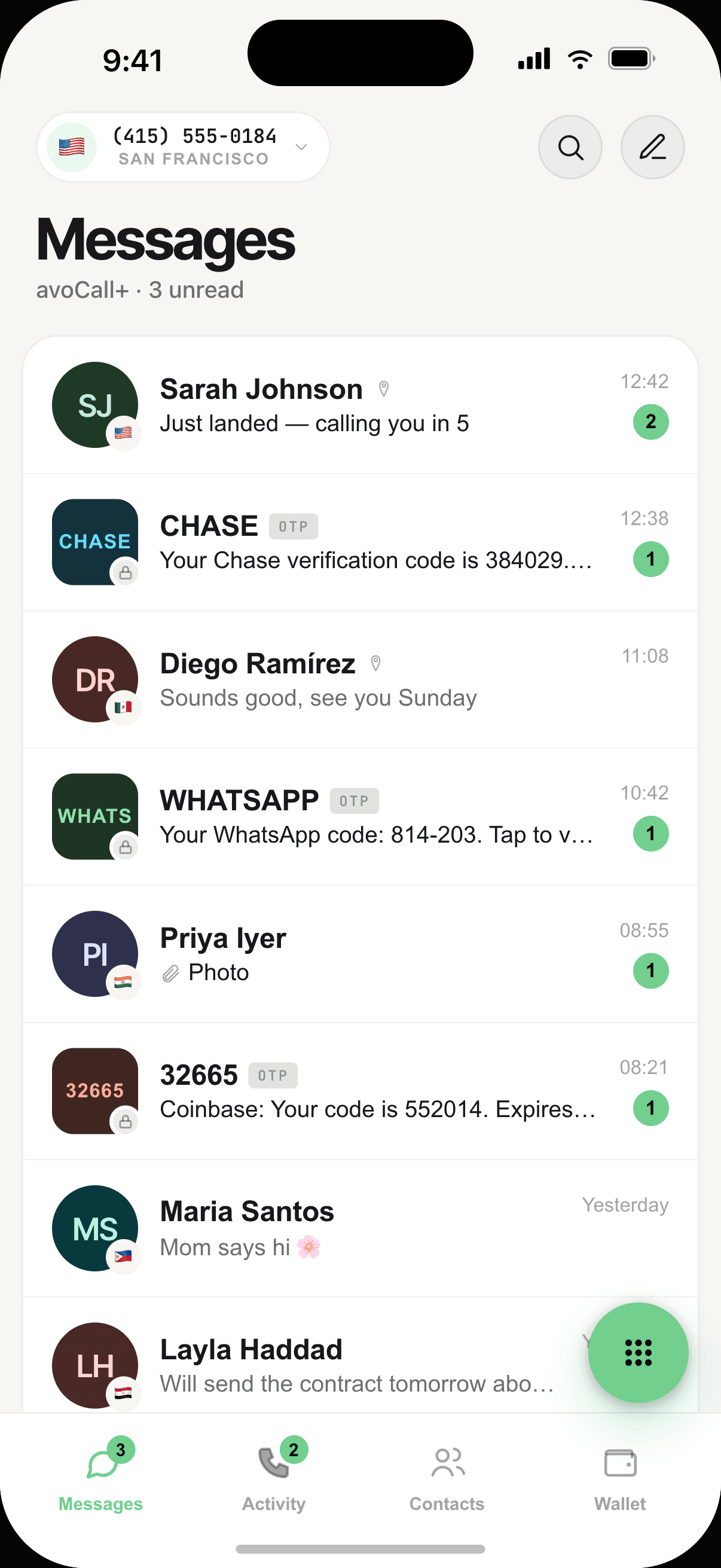 avoCall messages inbox showing bank verification codes